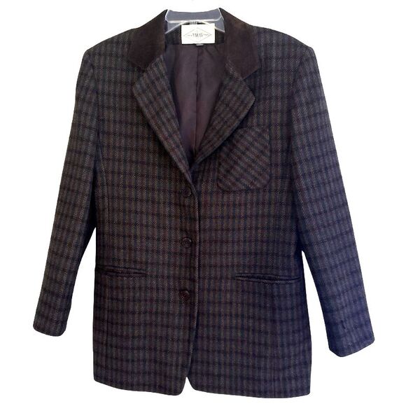 BMoss Heritage Plaid Wool Blazer Womens Sz M Suede Collar Equestrian Ivy League - Picture 4 of 14